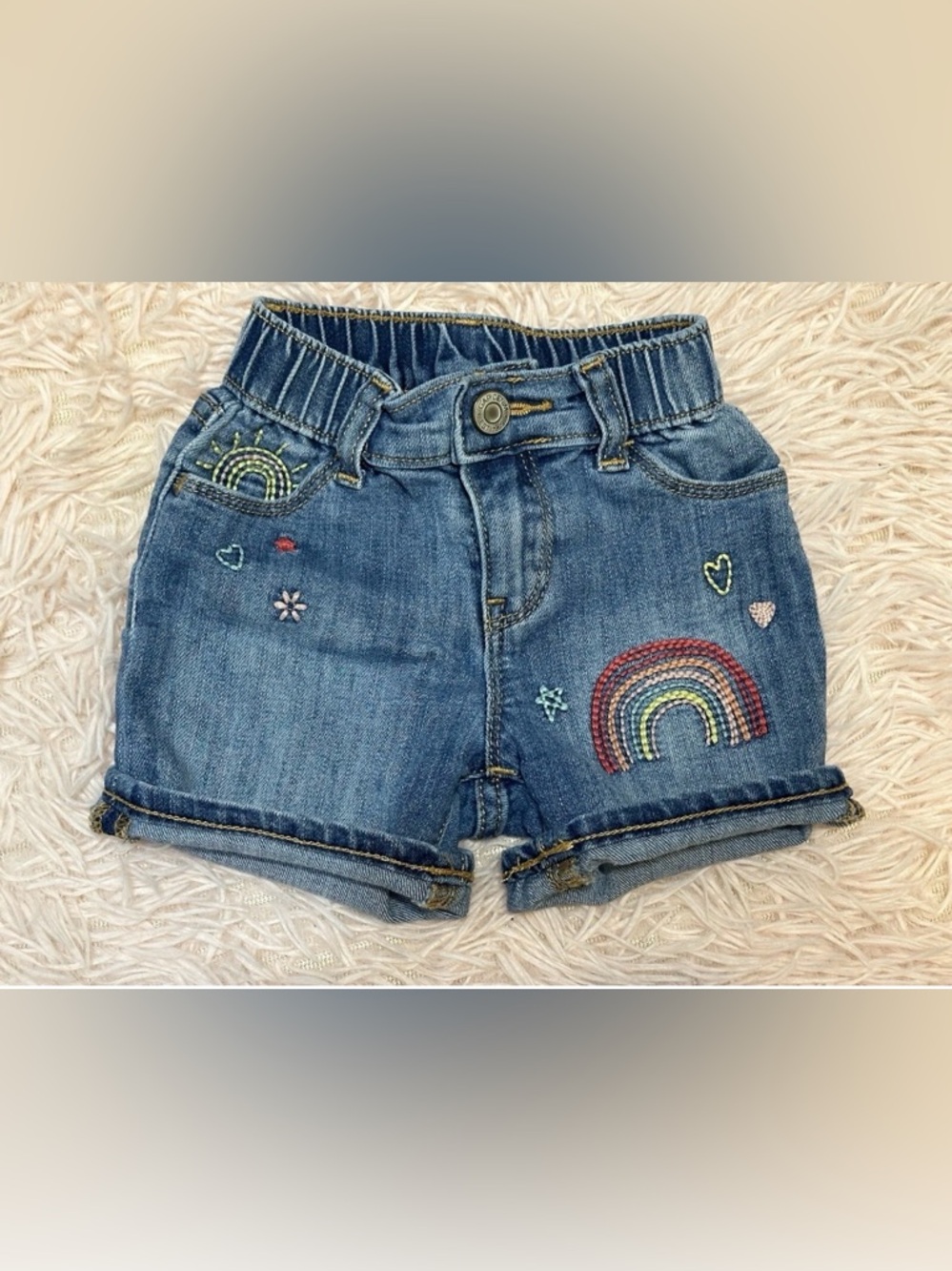 Baby GAP embroidered denim jean shorts toddler girl 18-24 Mo rainbow summer